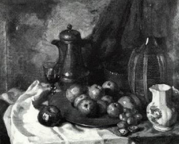 Still life with apples, wine jug and bottle in raffia by 
																	Hellmut Eichrodt