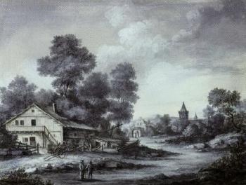 Dutch village landscape with church by 
																	Augustin Egell
