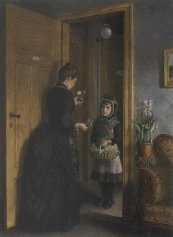 Small girl selling flowers at the door by 
																	Lars Osa