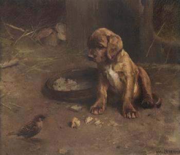 Cupboard love - bird and puppy by food bowl by 
																	Karl Uchermann