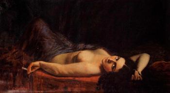 Reclining semi-draped nude holding cigarette by 
																	Oreste Garaccioni
