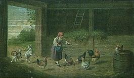 Maid feeding hens by 
																	Adolph Newey