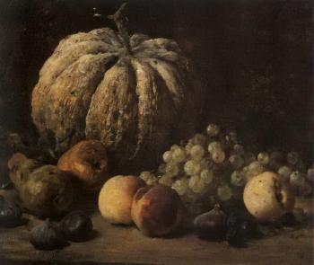 Still life of melon, peaches and grapes by 
																	Eugene Yoors