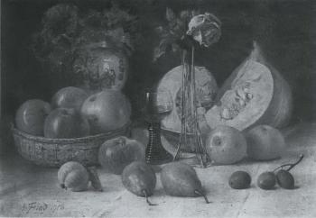 Still life with apples, melons and rose by 
																	August Frind