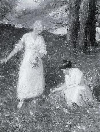 Two women picking flowers by 
																	John Troischt