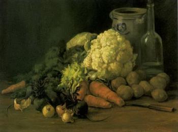 Still life of vegetables and winebottle by 
																	Josef Jossen