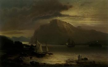 Romantic fjord landscape with Danish fishing boat in evening light by 
																	Karl von Hafften