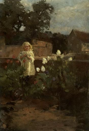 Small girl in a garden by 
																	Hugo Zieger