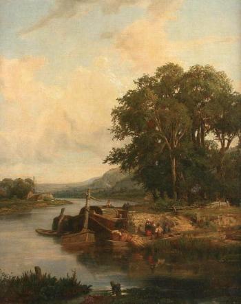 Figures and boats in a river landscape by 
																	Victor Marie Felix Danvin