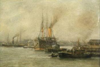Limehouse Reach, low tide. Misty day, ship moored near Greenwich by 
																	Frederick Jacques Sang