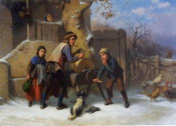 Winter scene with wood cutters family preparing for work. Woodman's lunch by 
																			Ferdinand Morohn