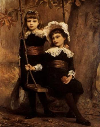 Portrait of two young girls by a swing, both wearing dark dresses by 
																	C P Dunning