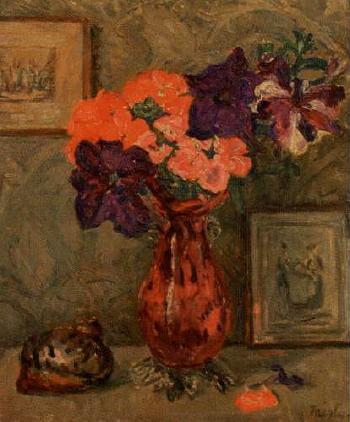 Still life with flowers in a red vase by 
																	Fairlie Harmar