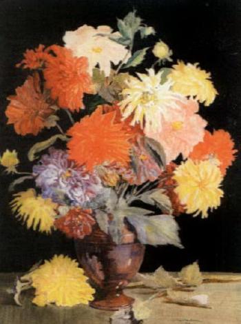 Vase of multi-coloured dahlias by 
																			Amy C Reeve-Fowkes