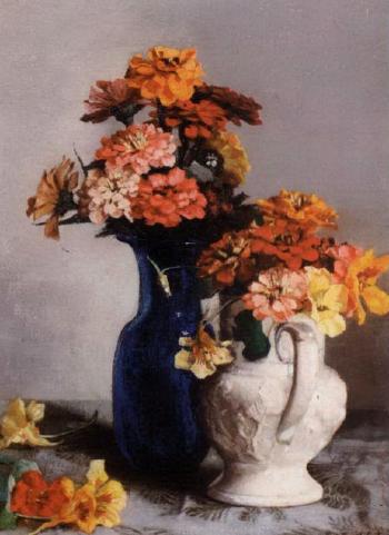 Vase of multi-coloured dahlias by 
																			Amy C Reeve-Fowkes