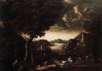 Extensive river landscape with travelers on a track. Extensive river landscape with figures track by 
																			Giuseppe Ronzelli