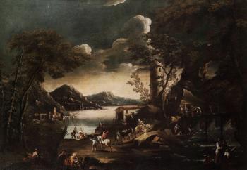 Extensive river landscape with travelers on a track. Extensive river landscape with figures track by 
																			Giuseppe Ronzelli