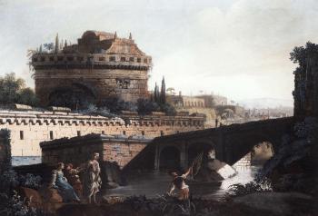 Capriccio with the Castel Sant' Angelo and figures beside a river by 
																	Carlo Caccianiga