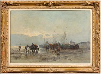 Coastal scene with fishermen and beached boats by 
																	Albert van Dyke