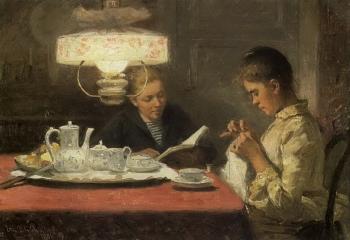 Sisters - seated at table in interior by 
																	Elin Danielson-Gambogi