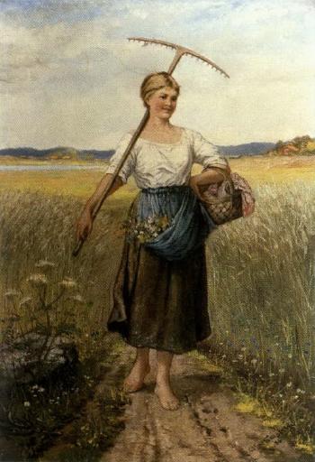 Young girl with rake by 
																	Hjalmar Norrstrom