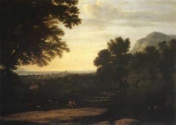 Italianate wooded river landscape with fishermen in boat and town beyond by 
																	Gaspard Dughet