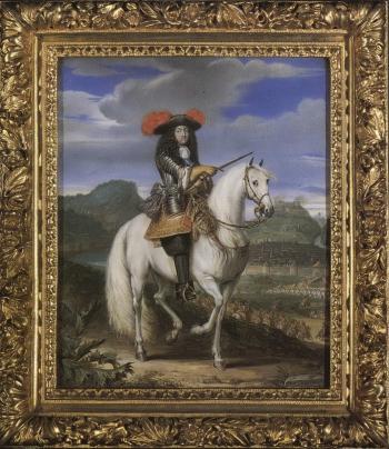 Portrait of King Louis XIV wearing armour on a white horse by 
																	Mademoiselle F P d'Heudicourt