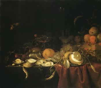 Peeled lemon on pewter plate, oysters, fruit, insects and snail on ledge by 
																	Johannes Hannot