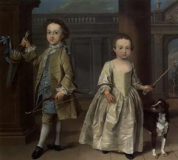 Double portrait of two young children, one holding bow and one holding whip, with dog beside her by 
																			Bartholomew Dandridge