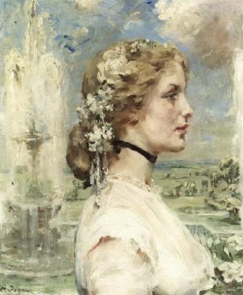 Young lady in garden by 
																	Betty Maud Christian Fagan