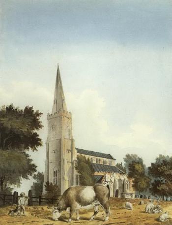 Church of Sutton St Nicholas. Long Sutton Church by 
																	John Claude Nattes