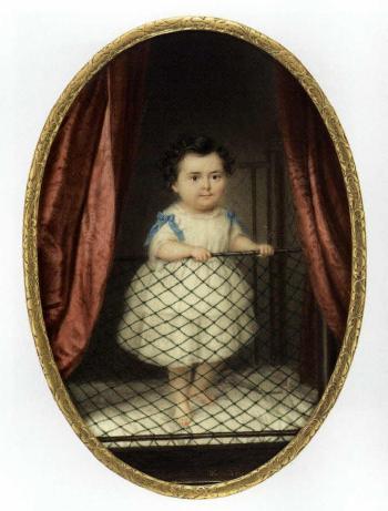Young boy standing on a four poster bed holding the bed rail by 
																	Friedrich Wailand
