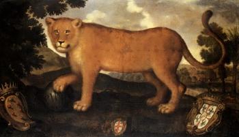 Pino, lion in a landscape, his paw on a cannon ball. Pina a lioness in a landscape by 
																			 Florentine School