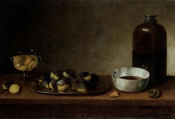 Chestnuts on a silver dish. Assorted sweetmeats on a silver gilt tazza by 
																			Pedro de Camprobin