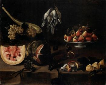 Watermelons, grapes, mushrooms and platter of fruit. Platter of fruit two roosting hens in a basket by 
																			Giovanni Quinsa