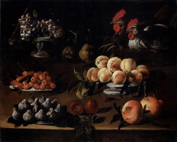 Watermelons, grapes, mushrooms and platter of fruit. Platter of fruit two roosting hens in a basket by 
																			Giovanni Quinsa