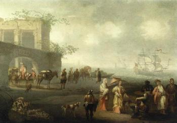 Coastal landscape with elegant figures and travellers by city walls by 
																	Jacobus de Jonckheer