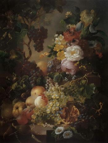 Still life with fruit and flowers amongst vines on a ledge by 
																	Jan van der Waarden
