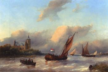 Royal barge on a choppy river with slot Loevestin in the background by 
																	Antonie Waldorp