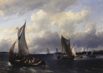 Sailing vessels on choppy water, a town in the distance by 
																	Antonie Waldorp