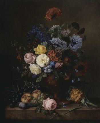 Still life of flowers in a vase with fruits on a marble ledge by 
																	Adriana van Ravenswaay