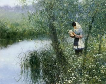 Reading by riverbank by 
																	 Fang Bingshan