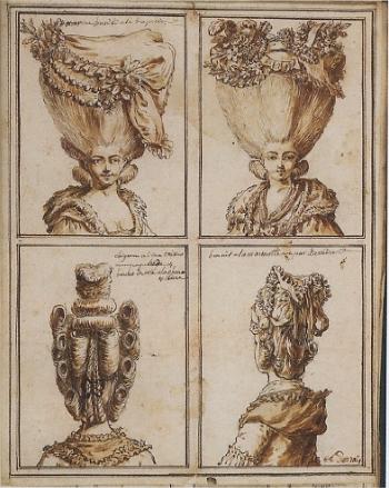 Album representing studies of hairstyles, bonnets and hats by 
																			Claude Louis Desrais