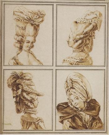 Album representing studies of hairstyles, bonnets and hats by 
																			Claude Louis Desrais