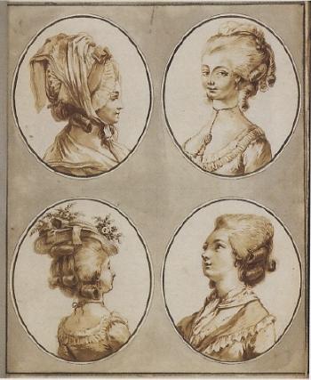 Album representing studies of hairstyles, bonnets and hats by 
																			Claude Louis Desrais