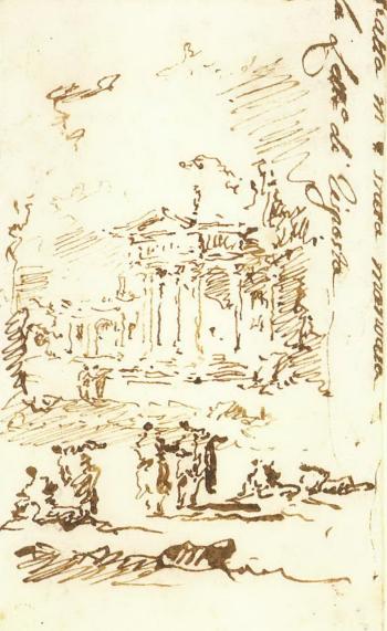 Des figures avec un palais dans le fond by 
																	Francesco Guardi