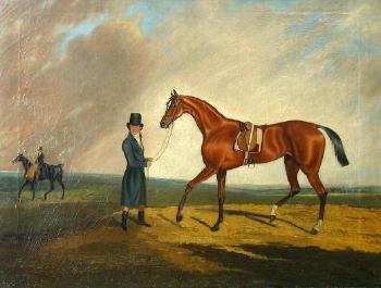 Bay racehorse with his trainer on Newmarket Heath by 
																	H W Faltrard