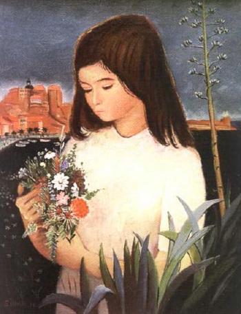 Girl with bouquet of flowers by 
																	Einar Norelius