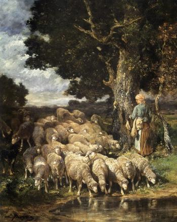 Shepherdess with her flock near a stream by 
																	Charles Emile Jacque