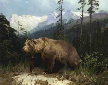 Alaskan brown bear out of the shadows by 
																	Carl Rungius